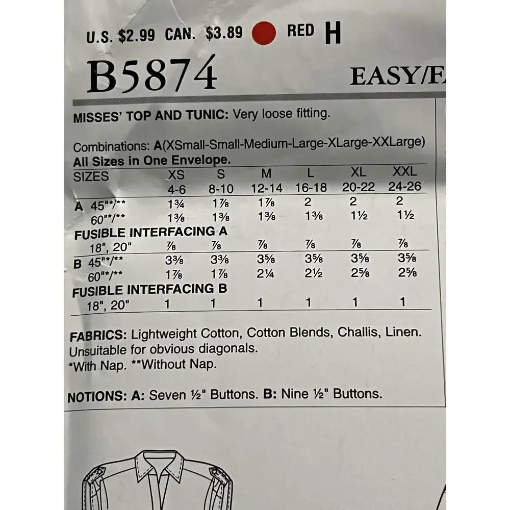 Butterick 5874 pattern top tunic size XS S M L XL XXL